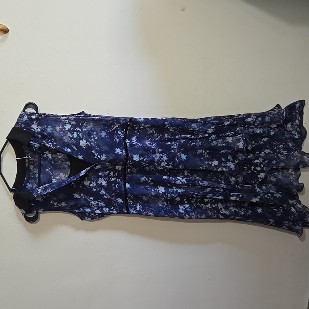 Midi Dress Watercolor Blue Abstract Lined Sheer Dress Size Sm Button Top Collar